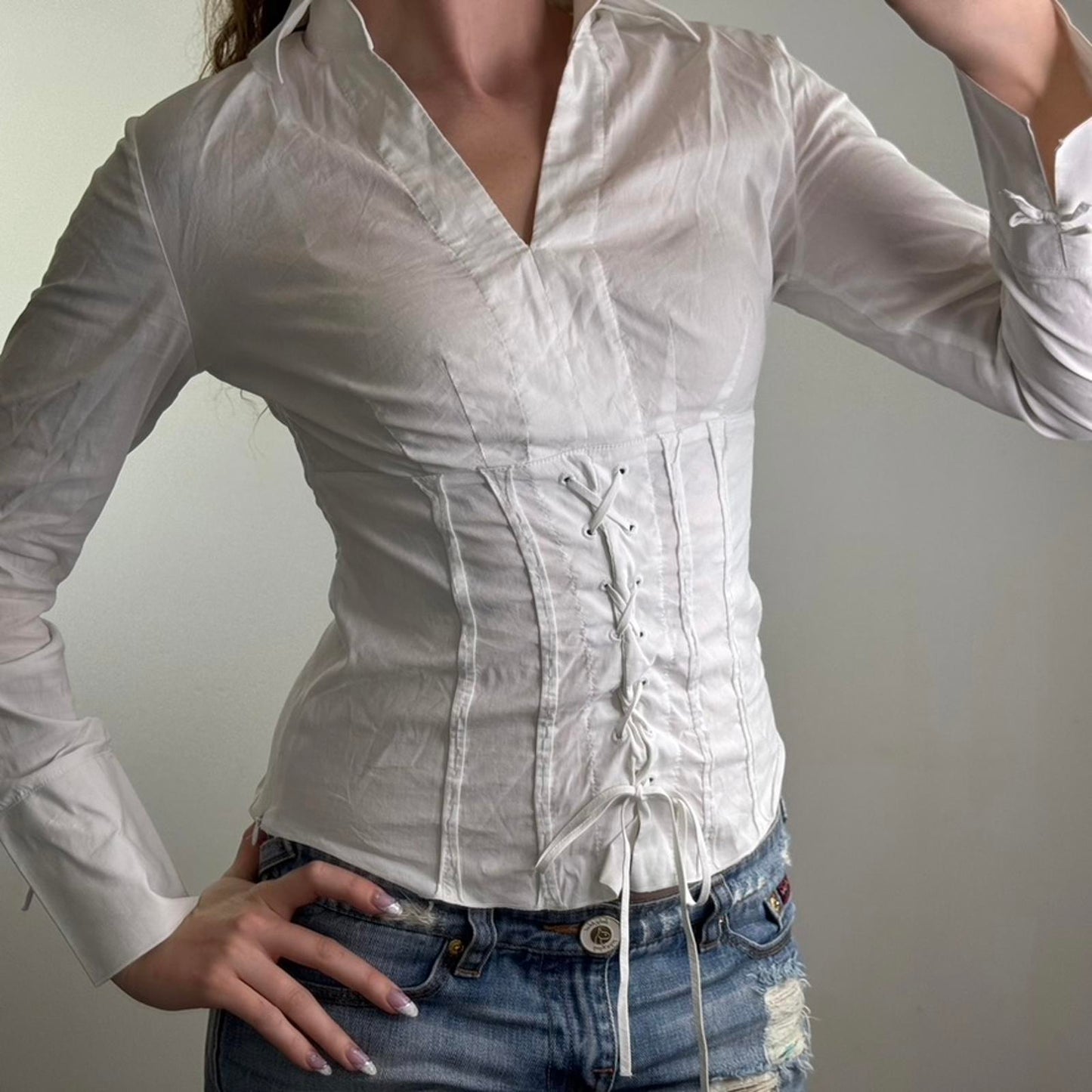 Y2K vintage stretchy long sleeve shirt lace up v neck blouse office tailored