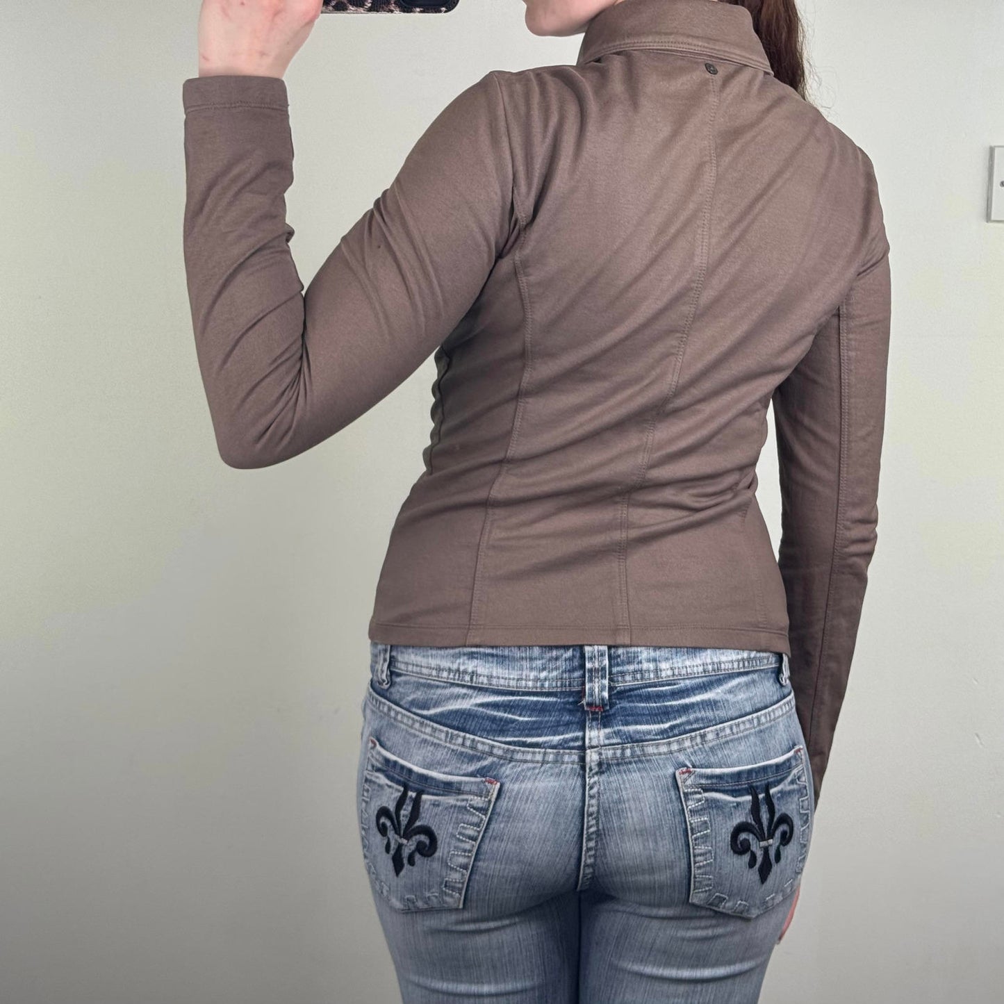 Y2K vintage archive asymmetrical zip up jumper fitted light brown stretchy