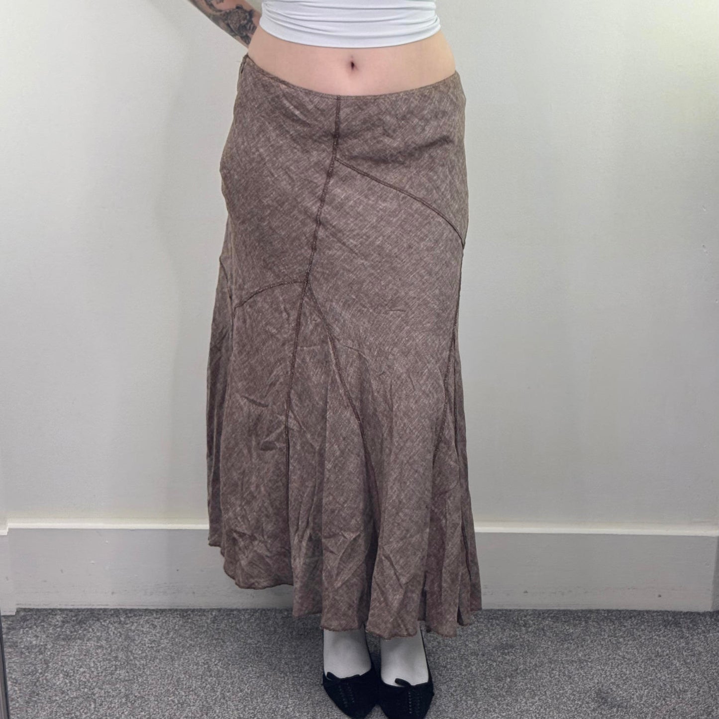 Y2K vintage linen blend maxi skirt a line light brown overlock stitch
