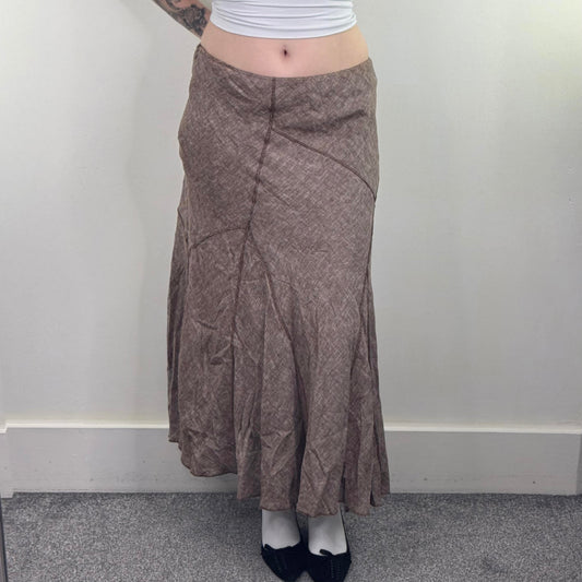 Y2K vintage linen blend maxi skirt a line light brown overlock stitch