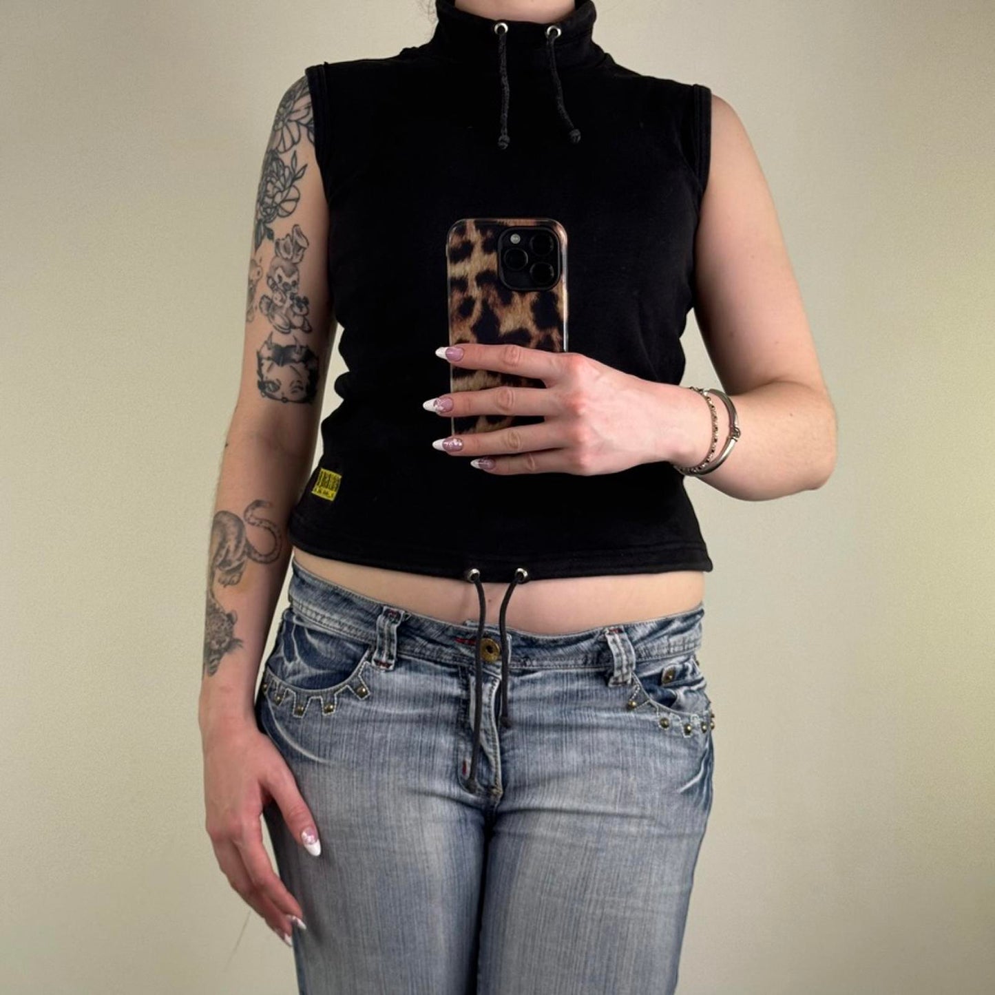 Y2K vintage high neck tank top sleeveless drawstring sporty black barcode