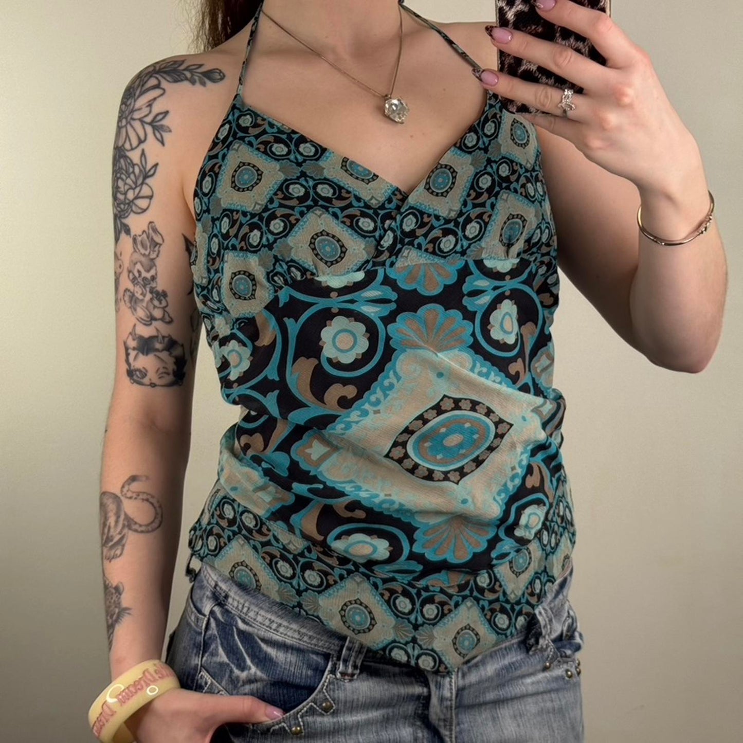 Y2K vintage 100% pure silk cami top halter neck pattern bow curved hem