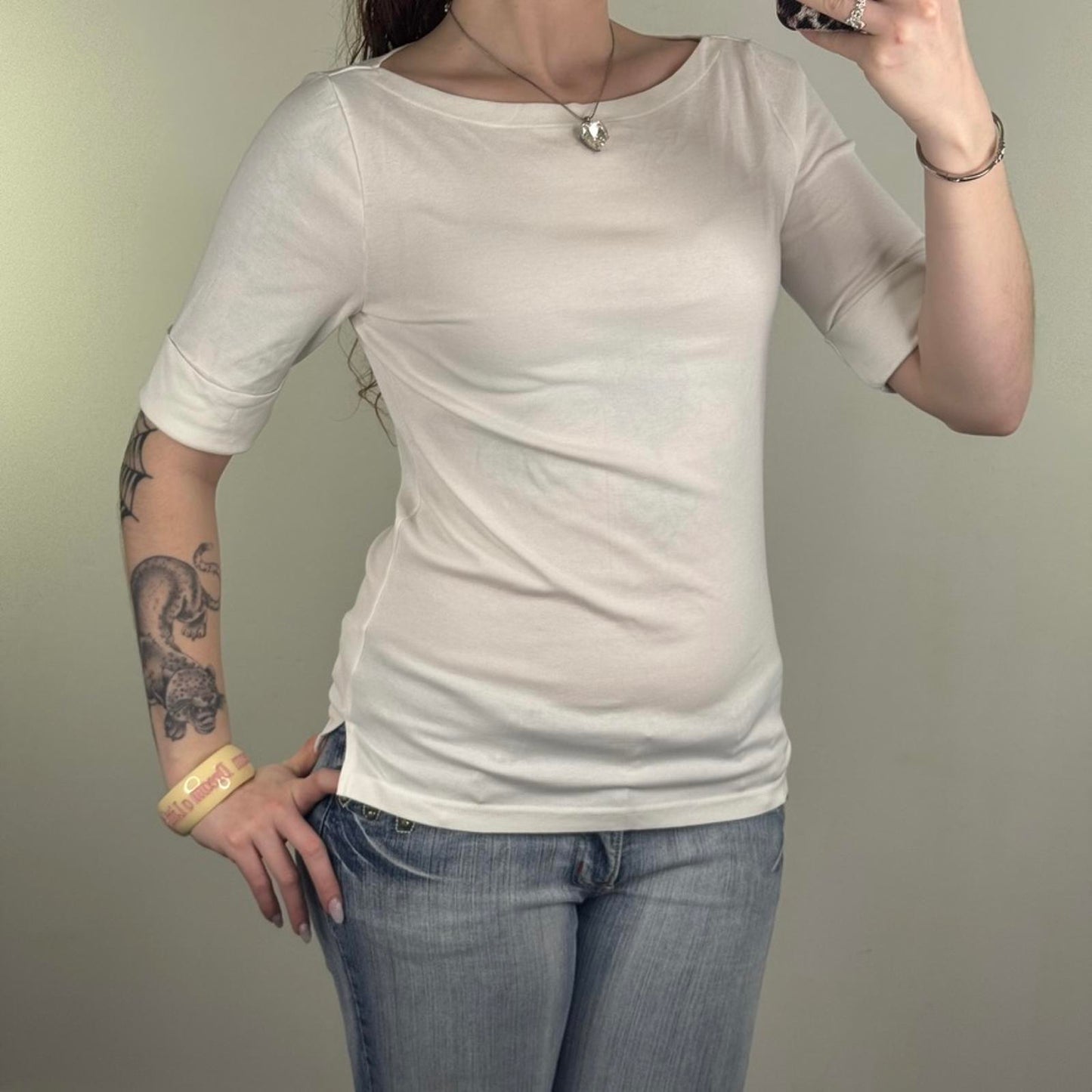 Lauren Ralph Lauren half sleeve top boat neck white logo embroidered