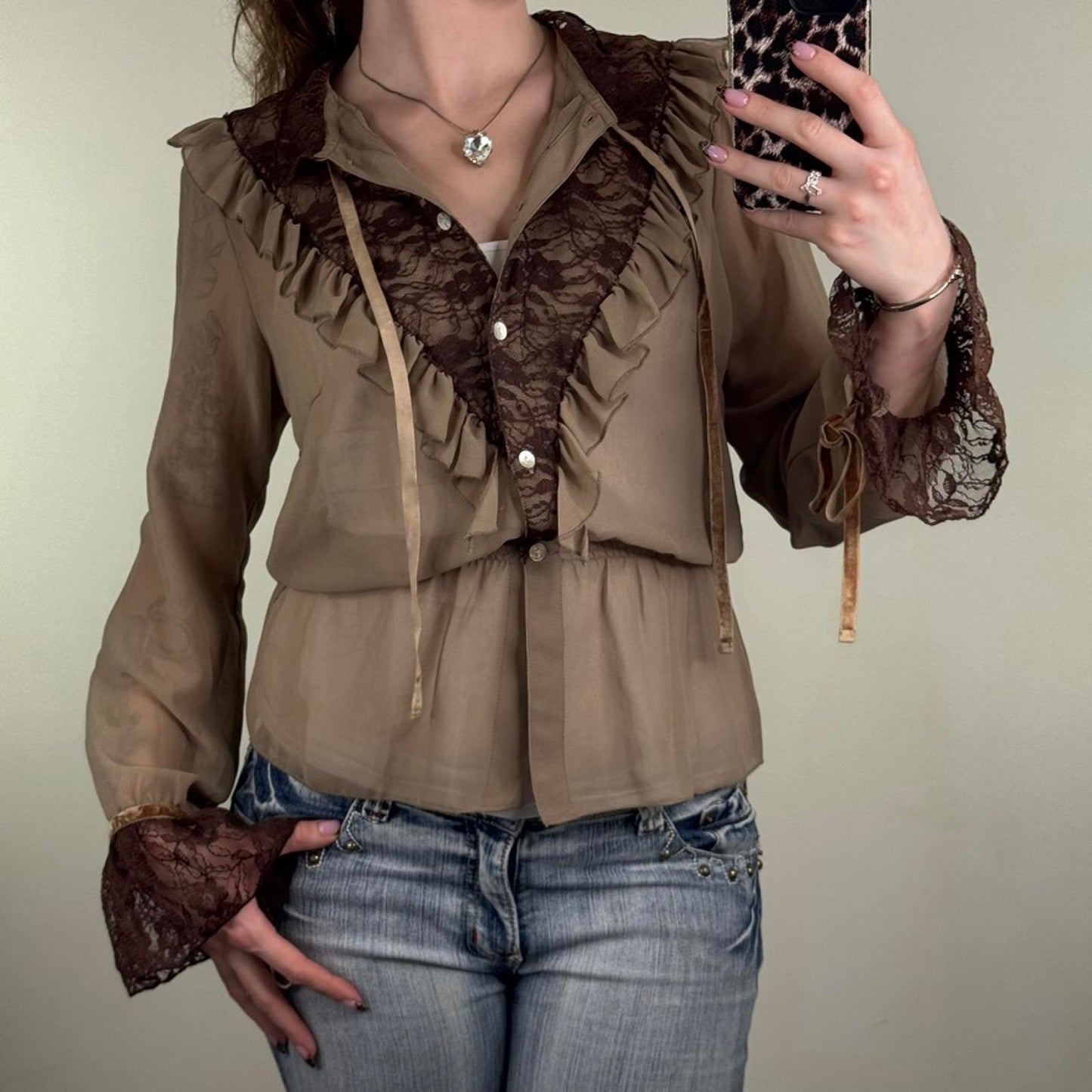 Y2K vintage blouse lace sheer frilly ruffle button up high neck long sleeve bow