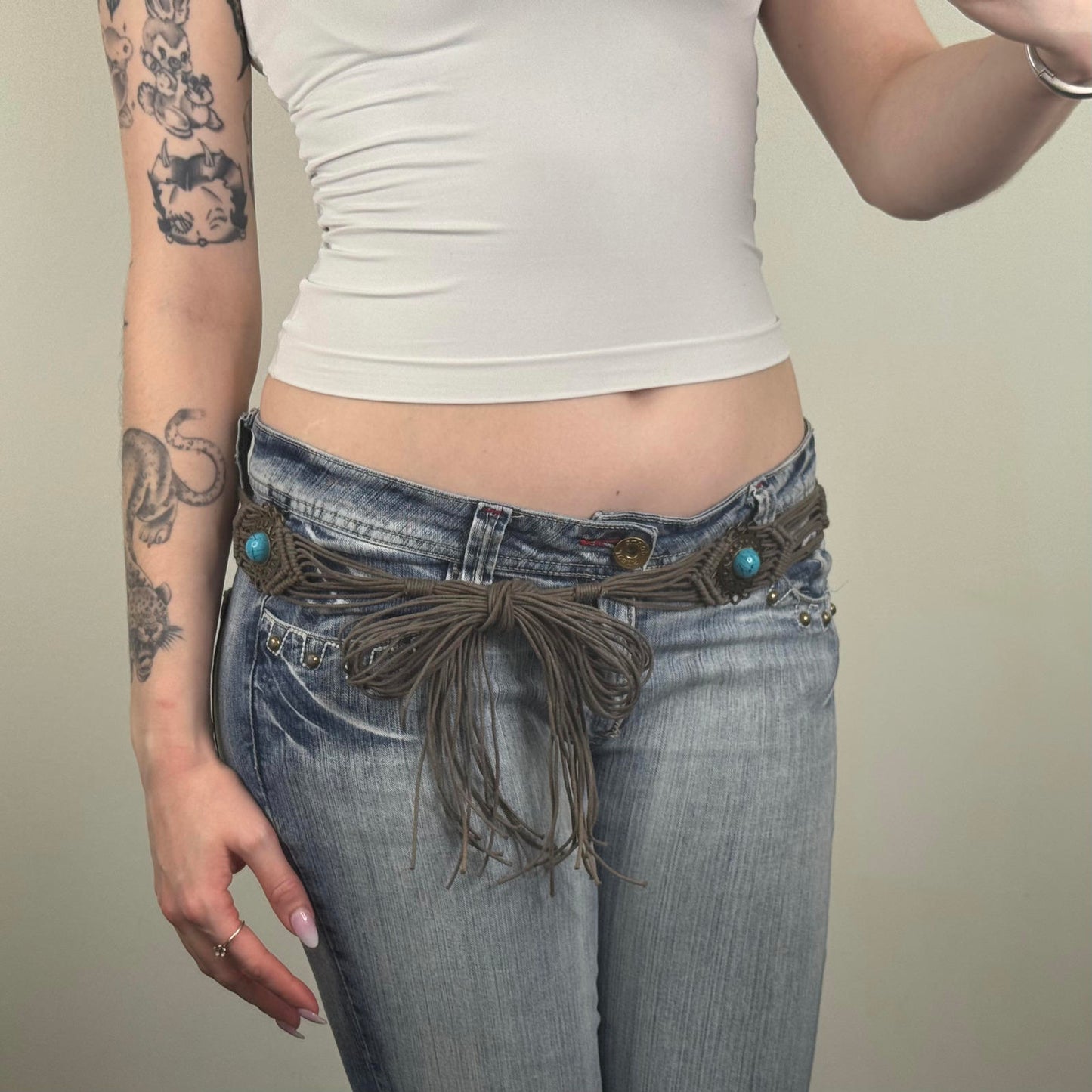 Y2K vintage braided woven belt blue gemstone brown bow adjustable boho festival