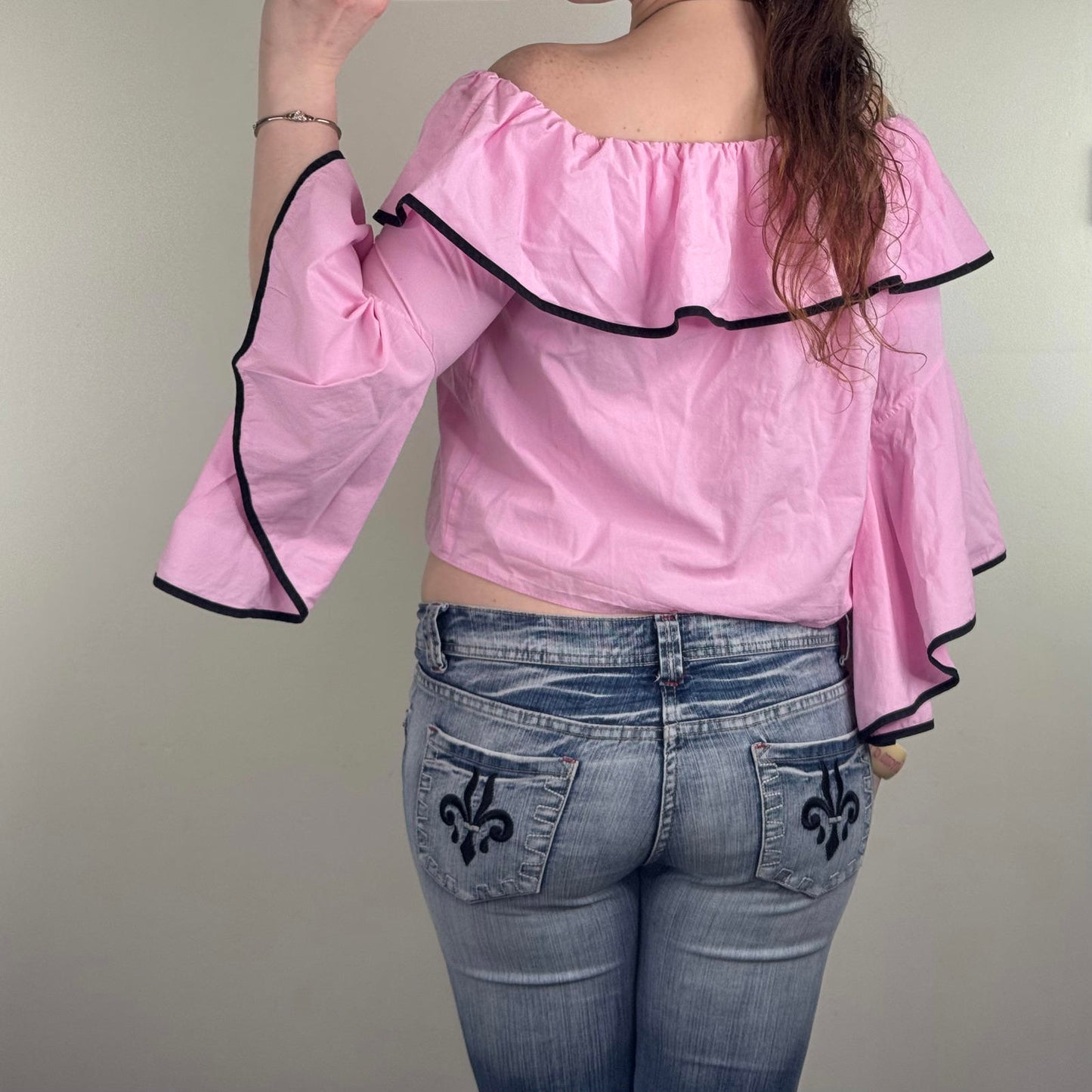 Y2K vintage off the shoulder top flare frill sleeve ruffle cropped going out