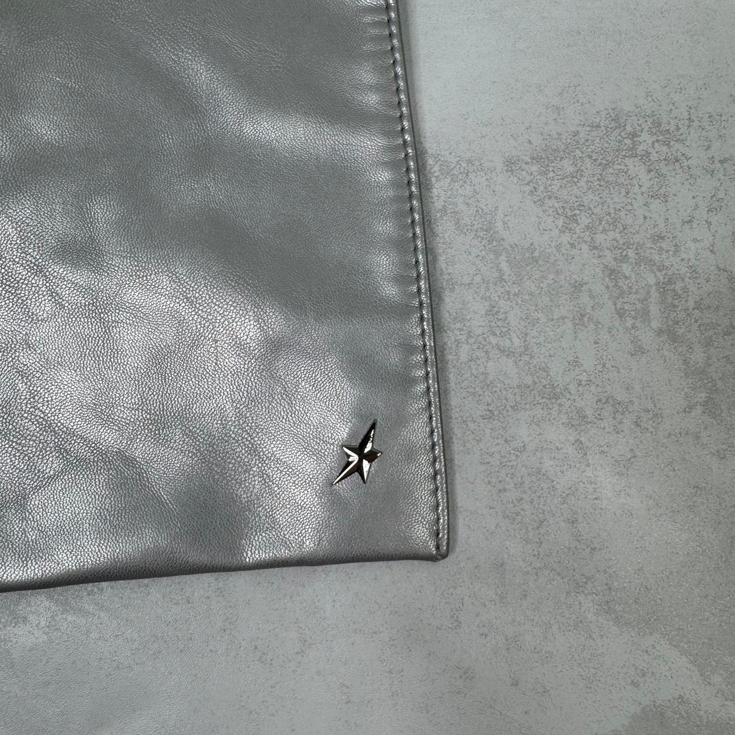 Mugler Parfums large cosmetic bag wash clutch silver grey star faux leather