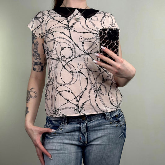 Y2K vintage short sleeve blouse heart locket bow bead pattern collared style