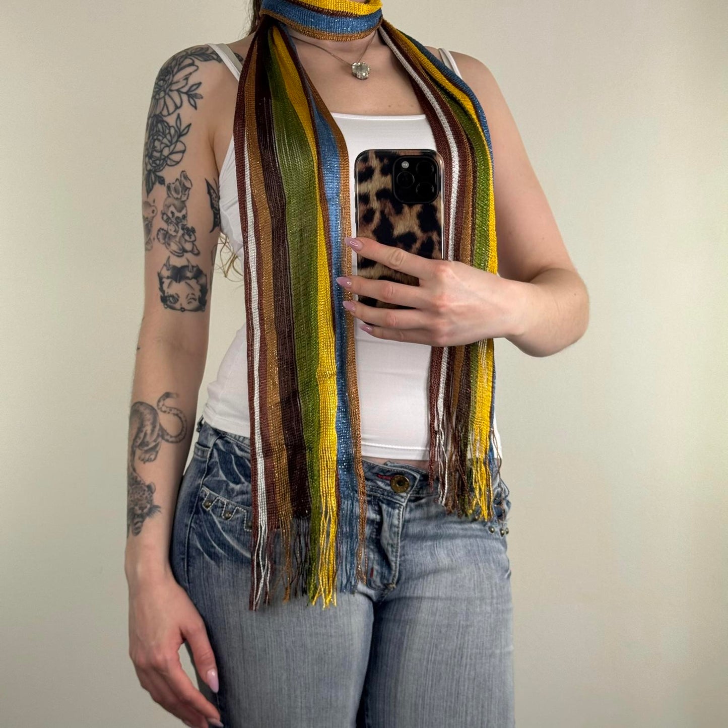 Y2K vintage sparkly scarf lightweight stripe fringe sheer glitter