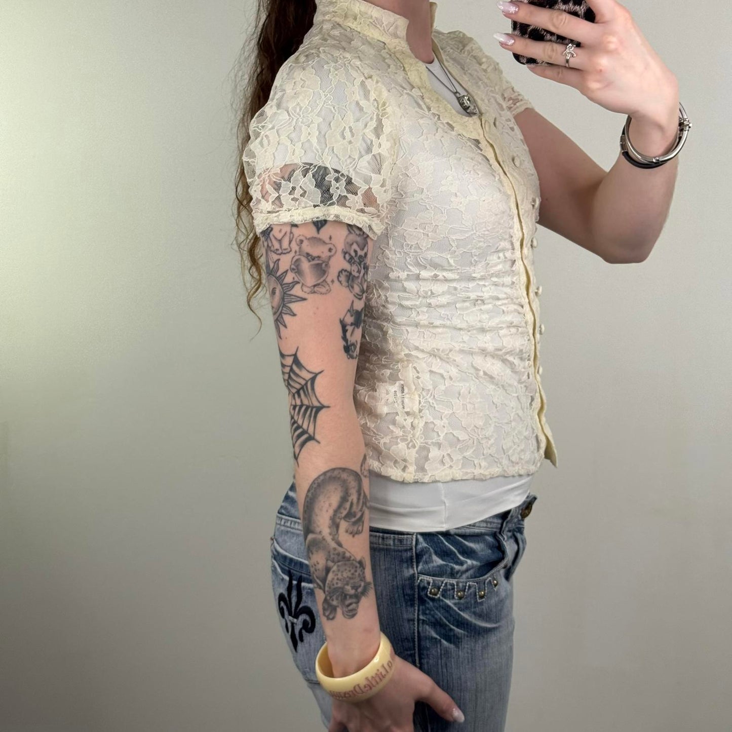 Y2K vintage lace sheer short sleeve top military buttons cream floral coquette
