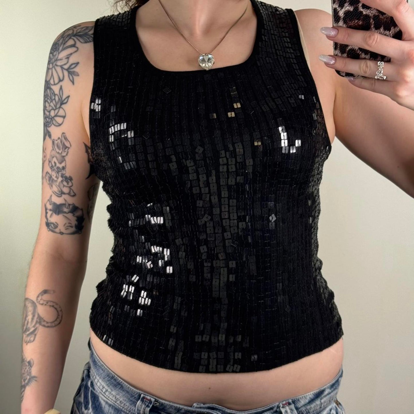 Y2K vintage sequin tank top round neck slight crop stretchy fitted black square