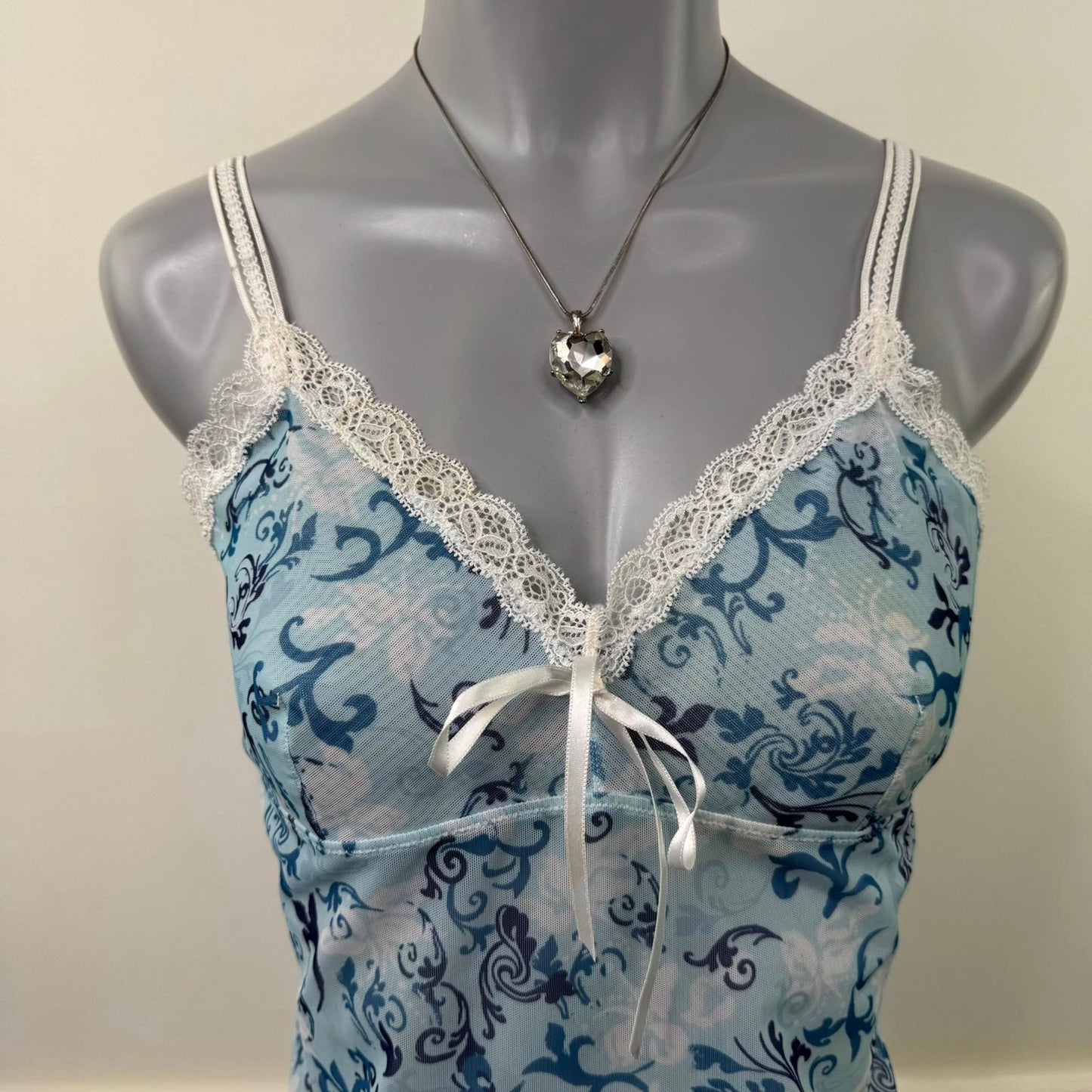 Y2K vintage mesh cami top lace trim filigree pattern bow sheer blue white fitted