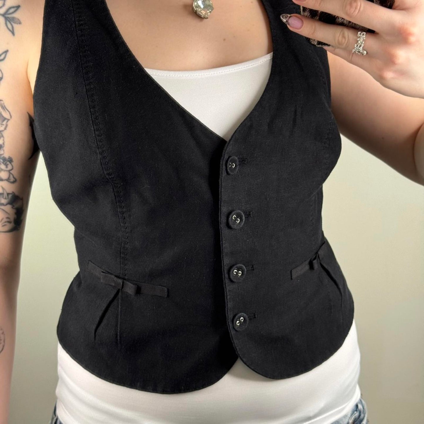 Y2K vintage linen blend waistcoat top v neck button up black bow fitted black
