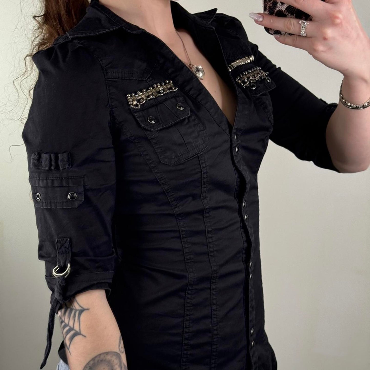 Vintage Jane Norman button up shirt 3/4 sleeve popper v neck fitted black buckle