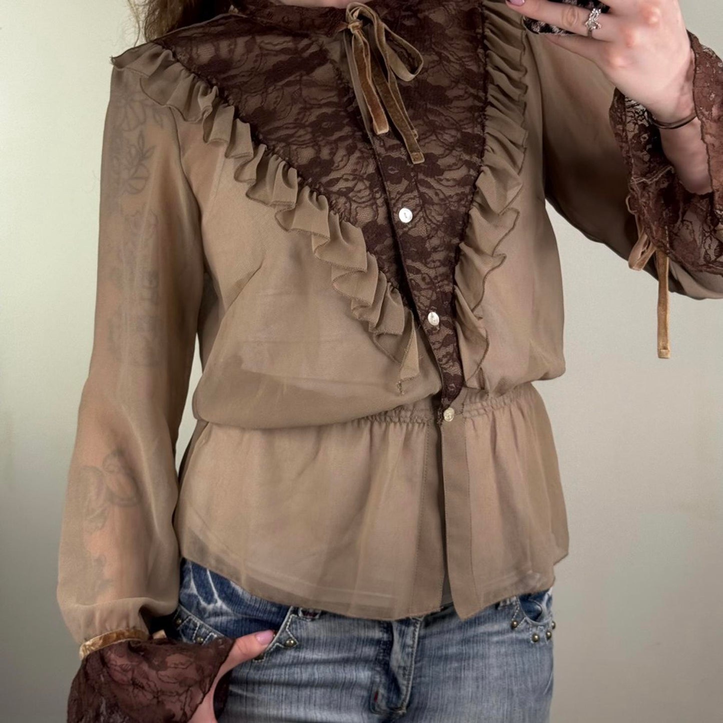 Y2K vintage blouse lace sheer frilly ruffle button up high neck long sleeve bow