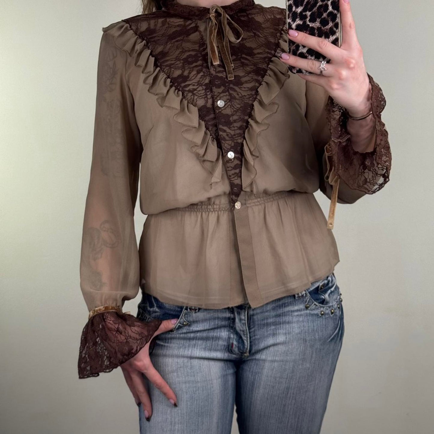 Y2K vintage blouse lace sheer frilly ruffle button up high neck long sleeve bow