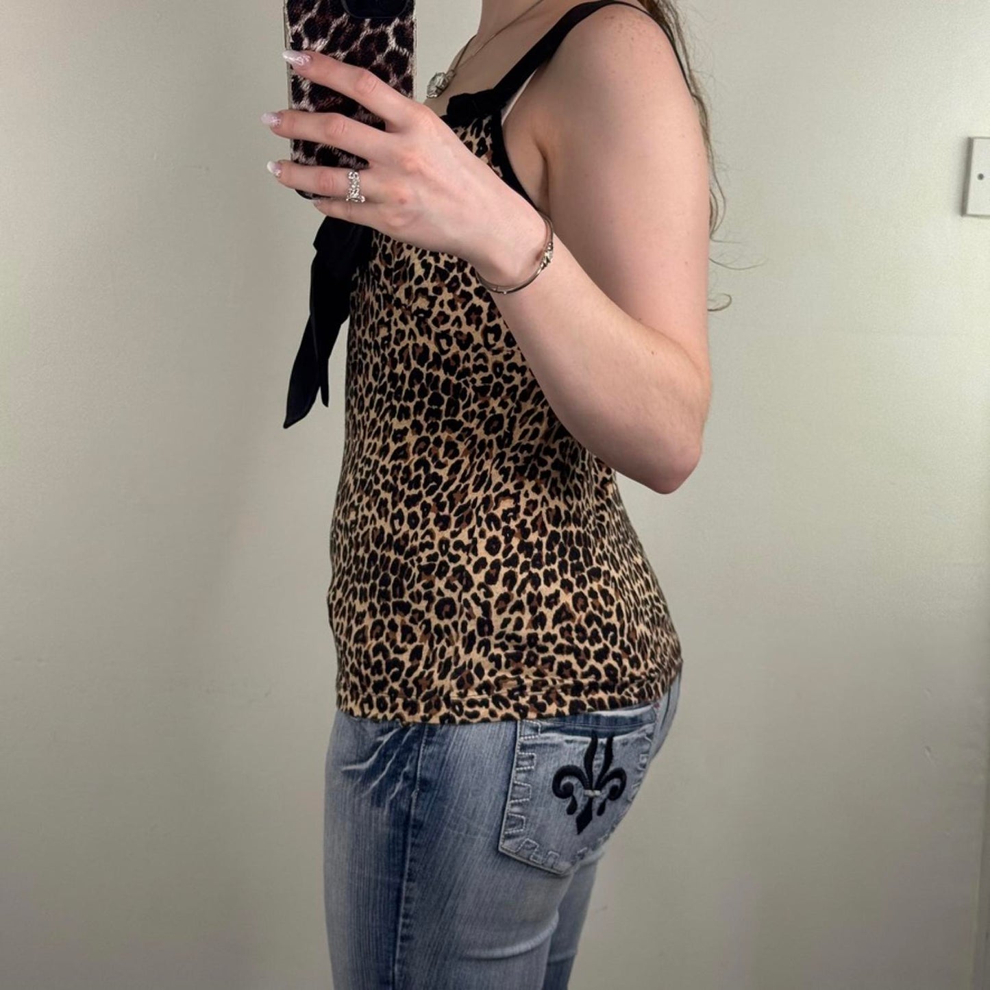 Y2K vintage leopard cami top oversize bow tank print ruffle bust v neck