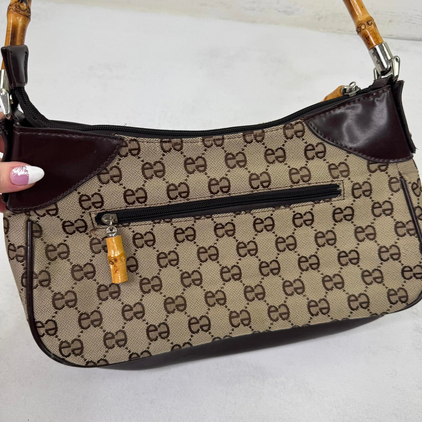 Y2K vintage shoulder bag bamboo handle small faux leather trim circle