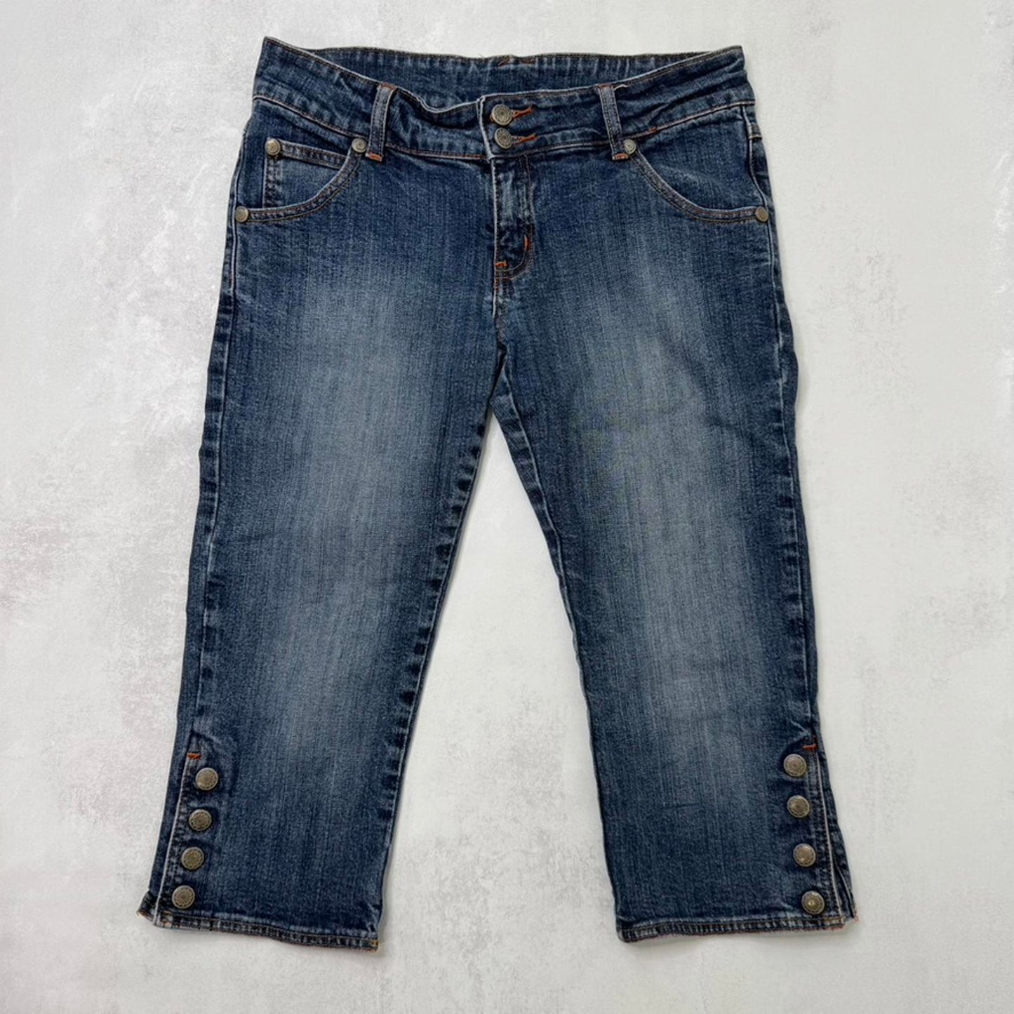 Y2K vintage Bay low rise capri jeans stretchy denim popper studded buttons