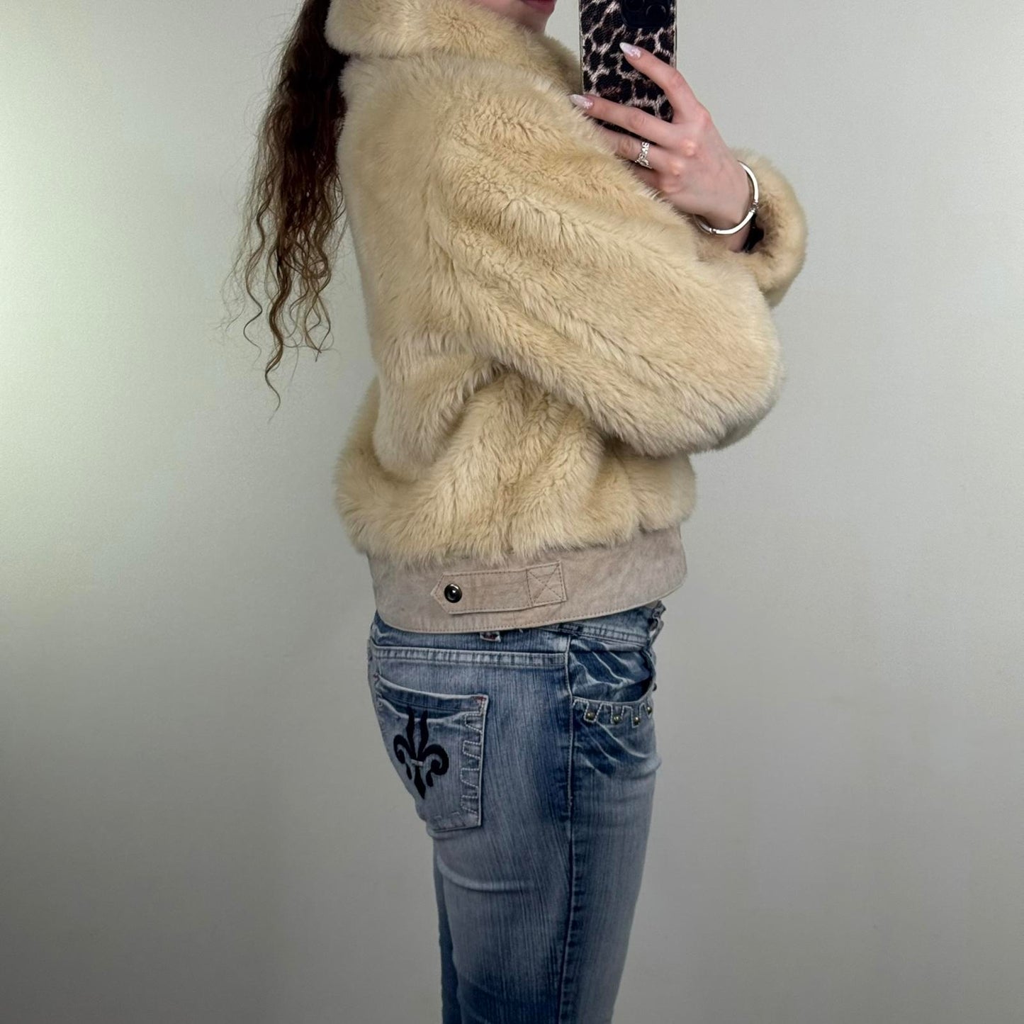 Y2K vintage faux fur zip up coat genuine suede trim collar beige fluffy