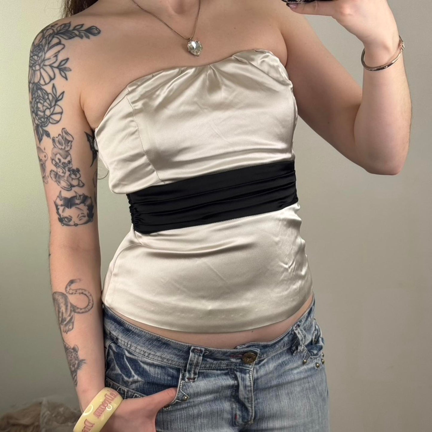Y2K vintage satin bow strapless top bustier black cream ruched coquette party