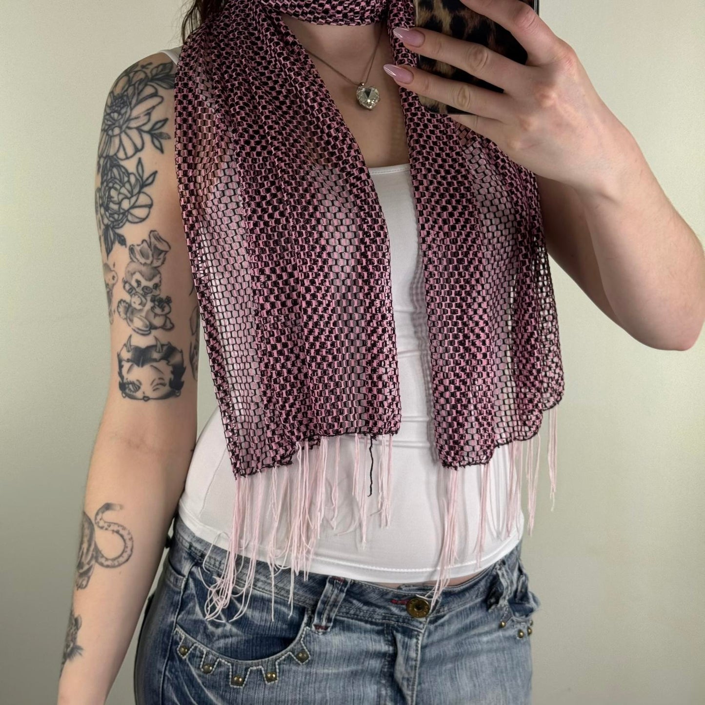 Y2K vintage mesh scarf fringe black pink sheer netted