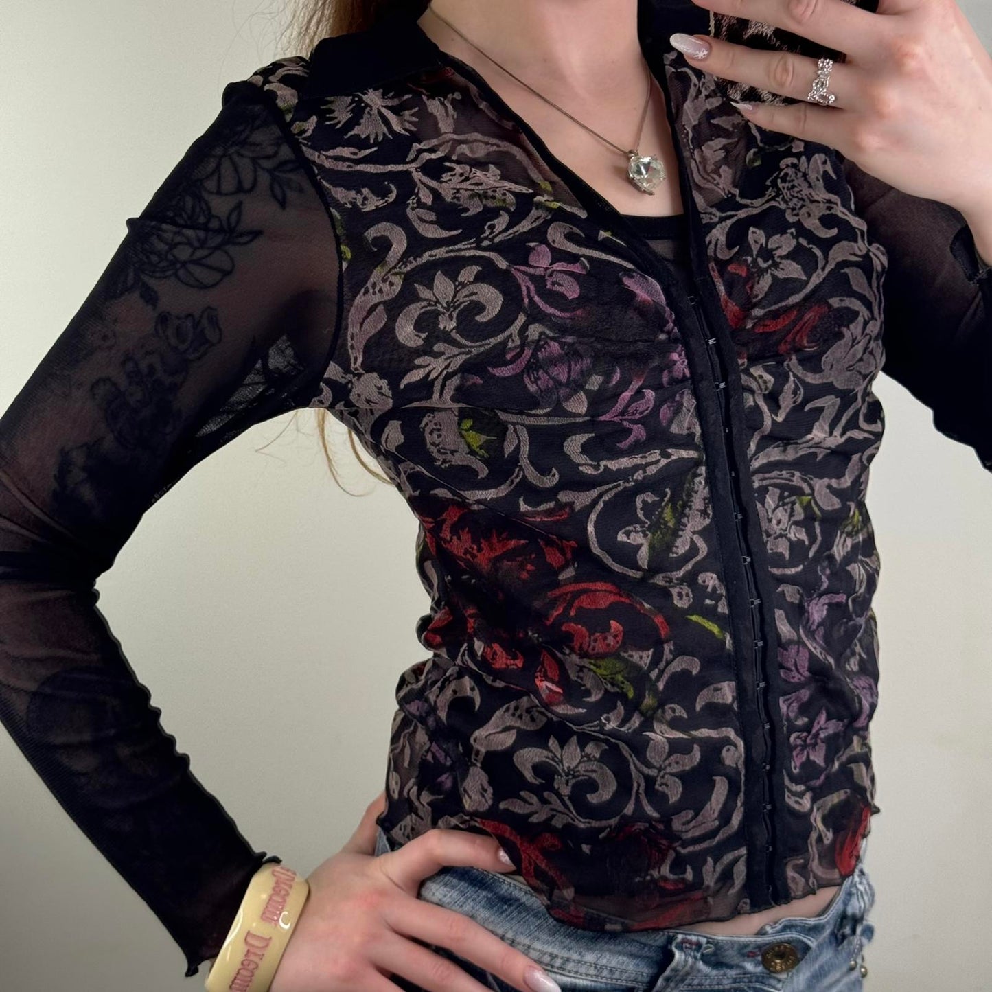 Y2K vintage Per Una mesh long sleeve top floral filigree velvet hook and eye