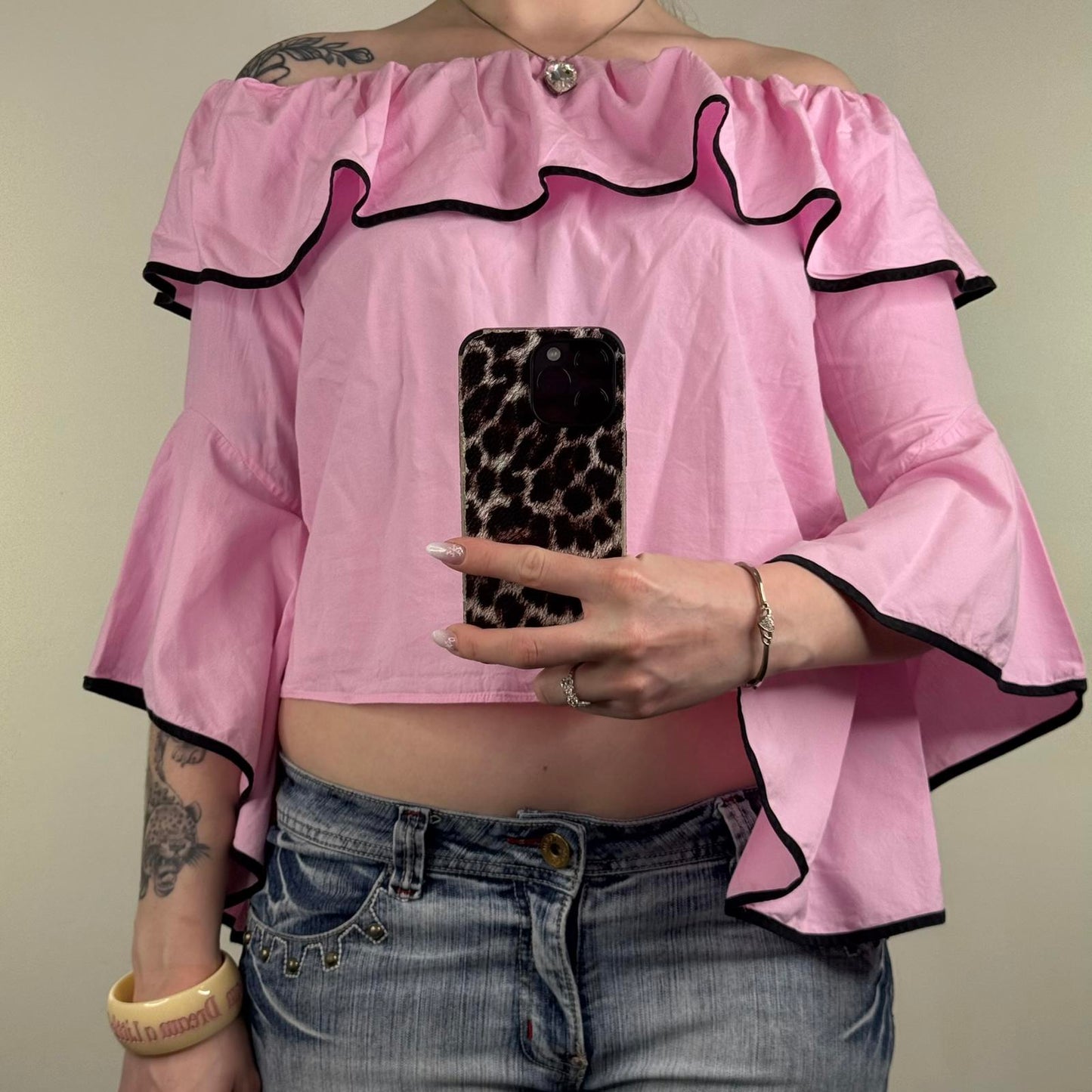 Y2K vintage off the shoulder top flare frill sleeve ruffle cropped going out