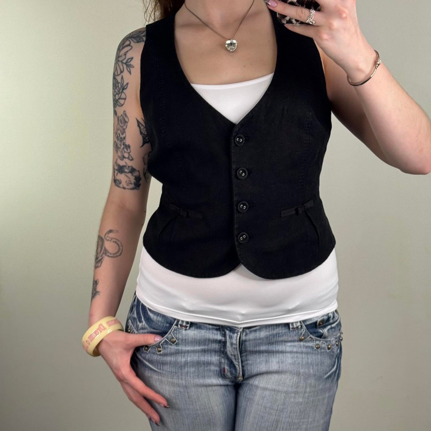 Y2K vintage linen blend waistcoat top v neck button up black bow fitted black