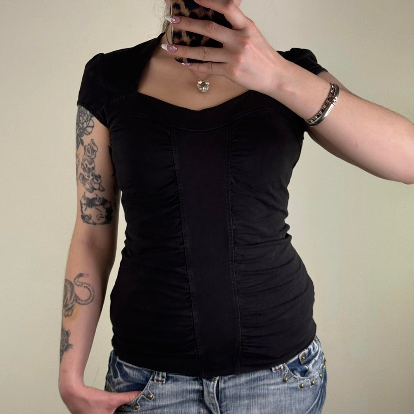 Y2K vintage ruched t-shirt short sleeve top cap sleeve fitted sweetheart neck