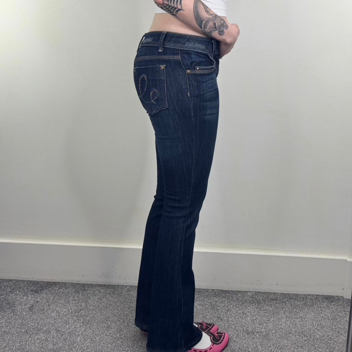Y2K vintage low rise bootcut jeans dark blue wash studded denim stretchy