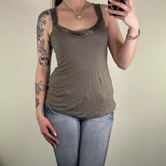 Y2K vintage tank top with layered beaded neck elastic hem round neckline long
