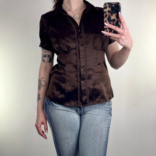 Y2K vintage blouse button up fitted cap short sleeve satin ruched shirt brown