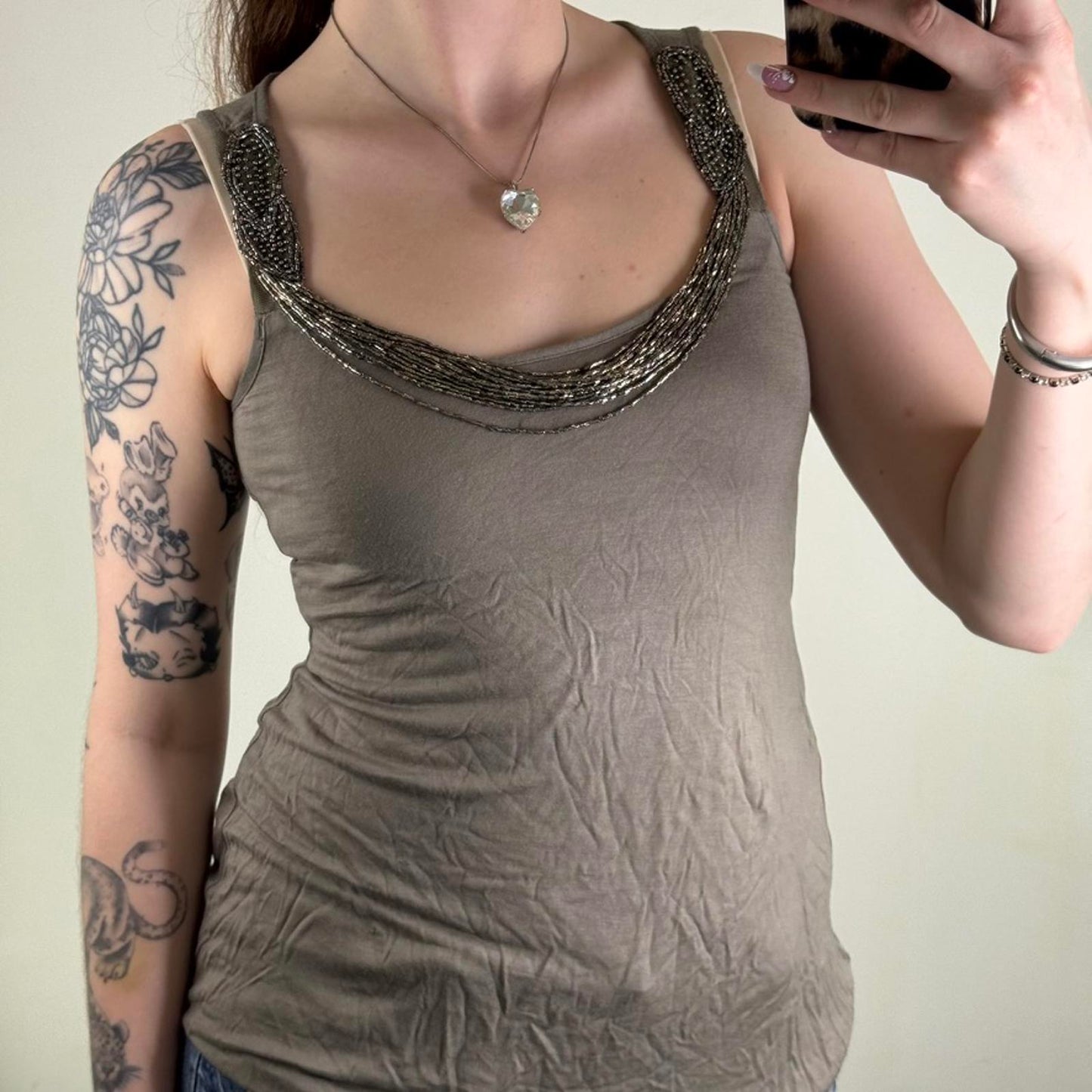 Y2K vintage tank top with layered beaded neck elastic hem round neckline long