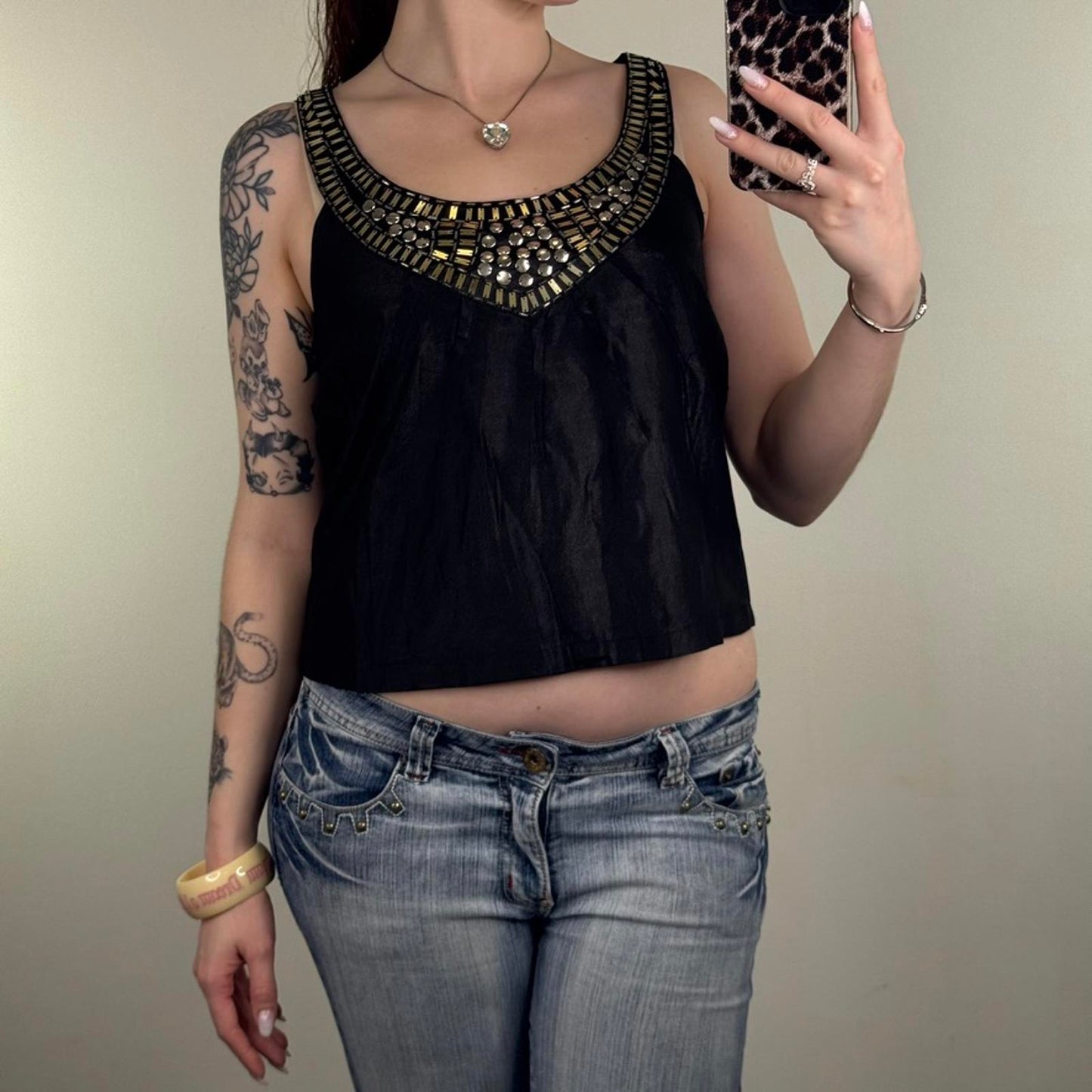 Y2K vintage embellished blouse tank sleeveless beaded round neck flowy boho