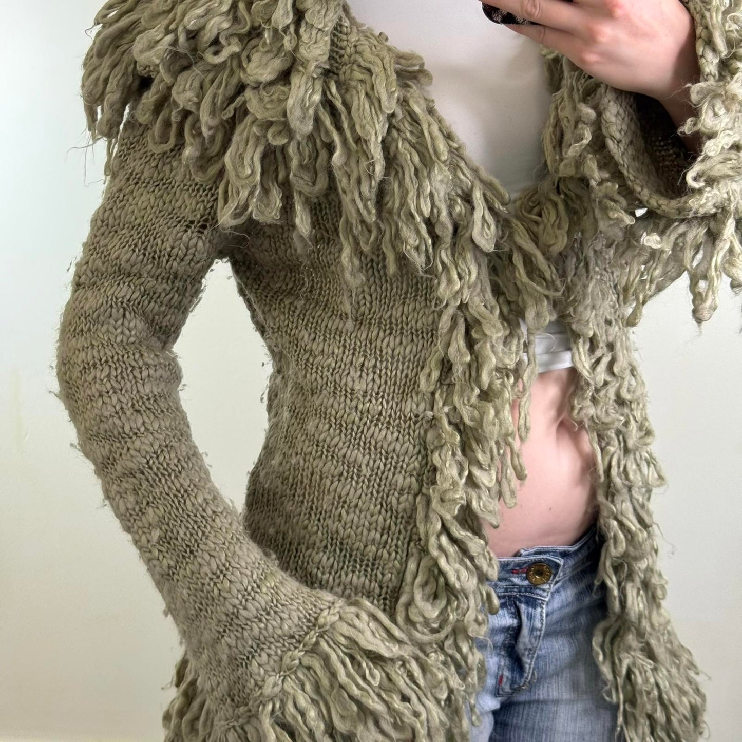Y2K vintage wool blend shaggy chunky knit cardigan v neck mid length boho