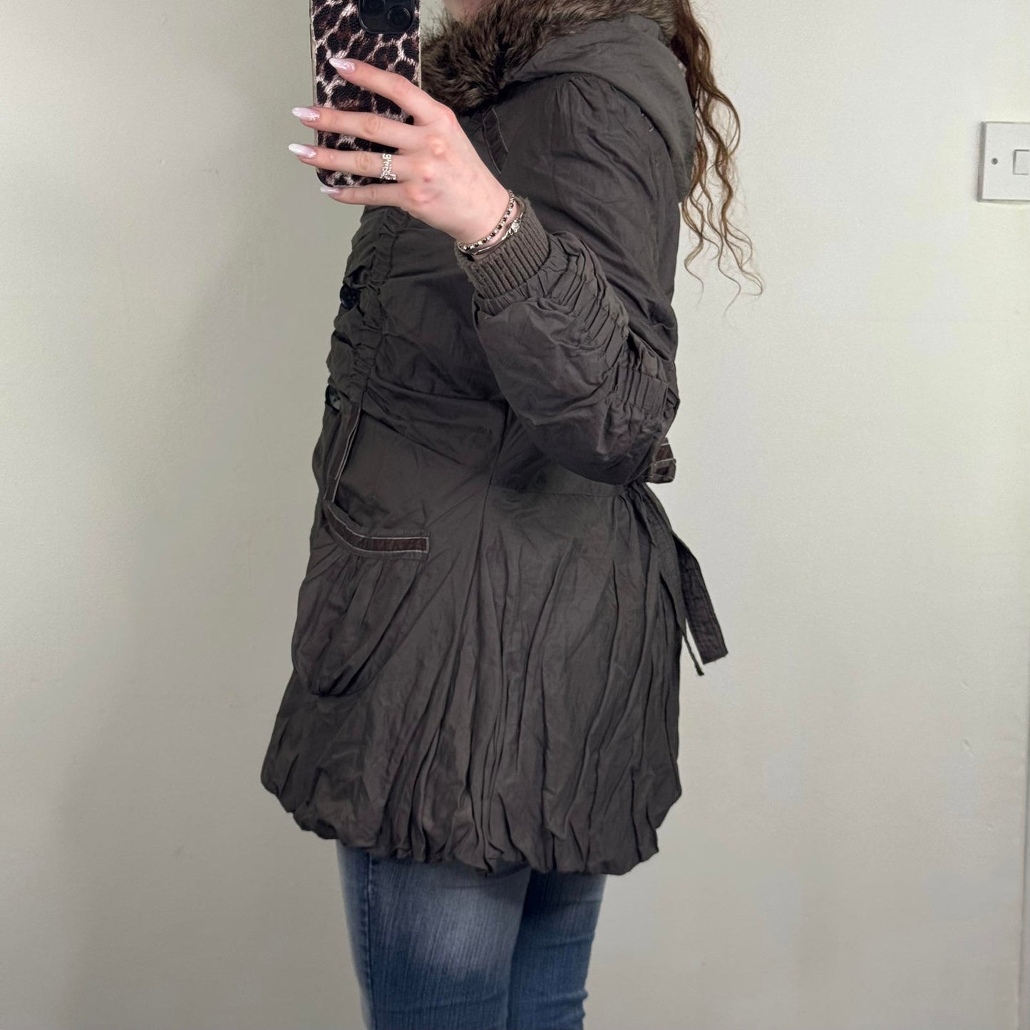 Y2K vintage parka coat ruched bow faux fur hood button up coquette brown velvet