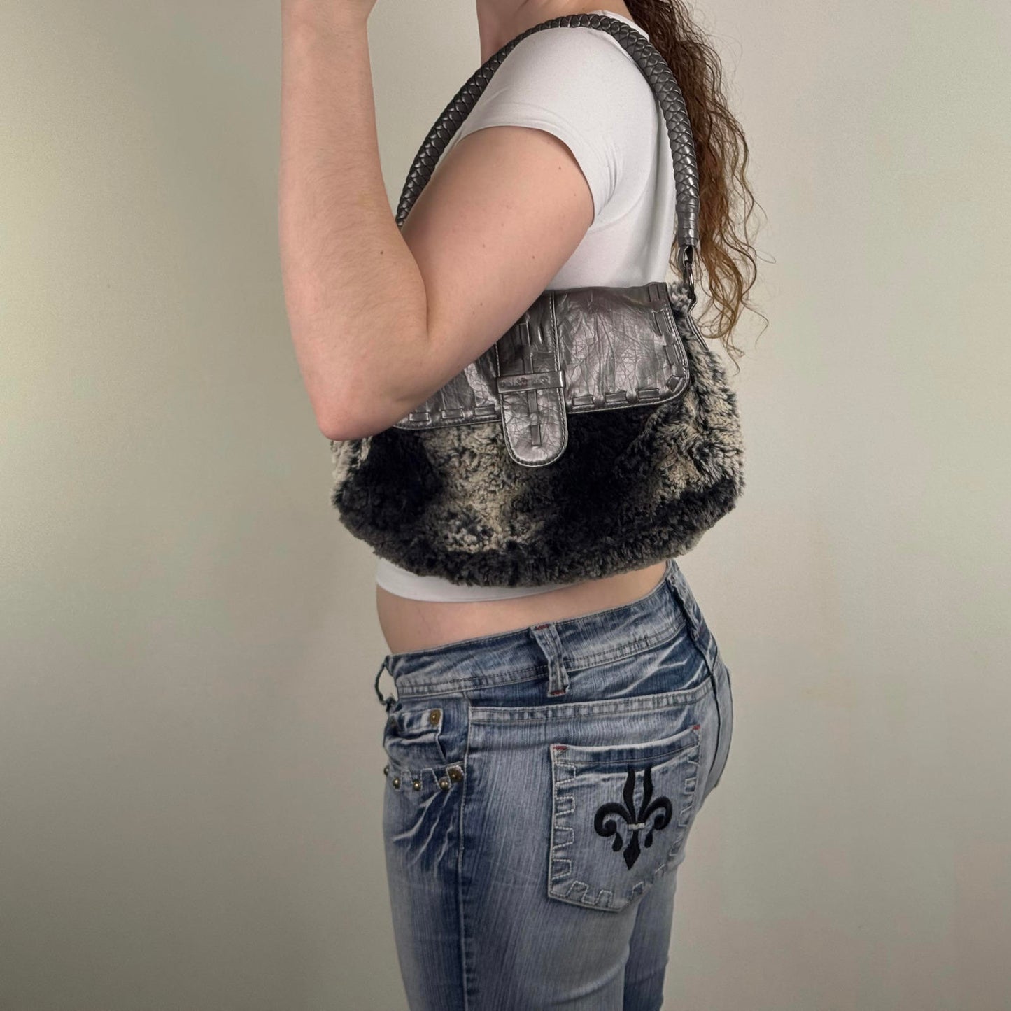 Y2K vintage Per Una shoulder small bag faux fur / leather metallic braided mini