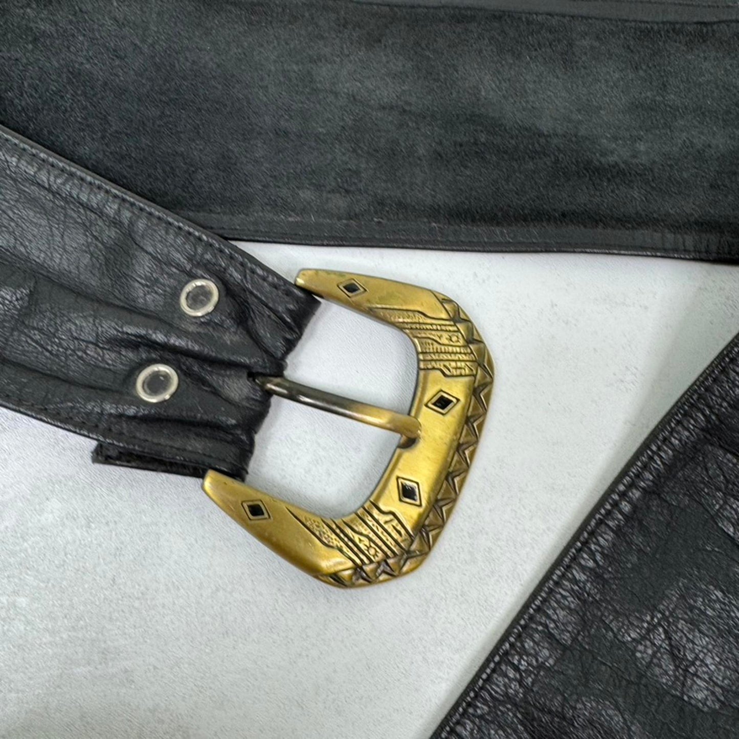 Y2K vintage genuine leather belt chunky gold charm buckle boho 90s oversized