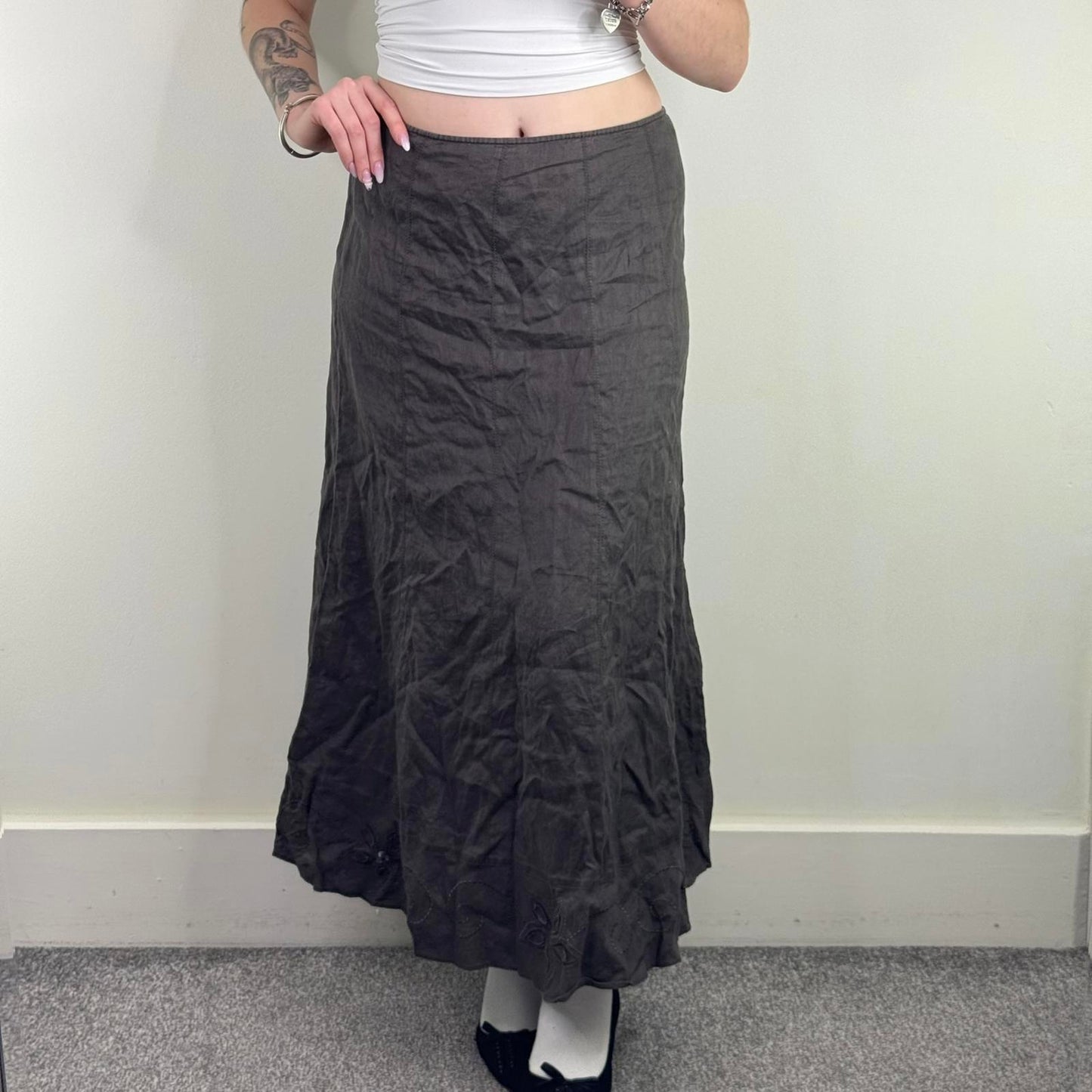 Y2K vintage Per Una 100% pure linen maxi skirt floral embroidered sequin a line