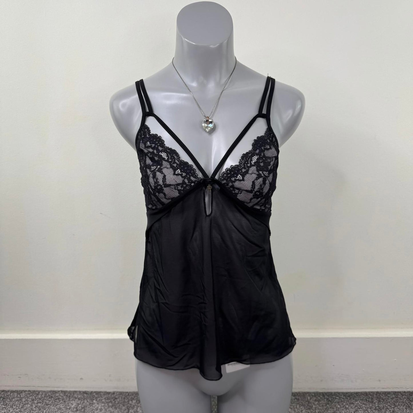 Y2K vintage cami top mesh lace trim sheer strappy keyhole charm