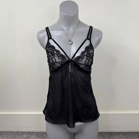 Y2K vintage cami top mesh lace trim sheer strappy keyhole charm