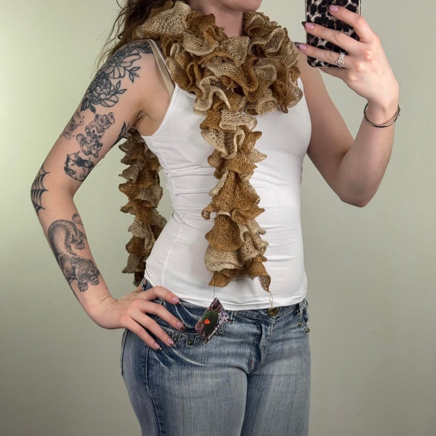 Y2K vintage knitted ruffle scarf layered beige cream knit
