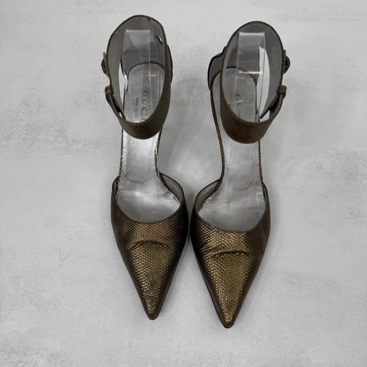 Y2K vintage Gucci by Tom Ford Gold Leather Heels with Ankle Strap Snake