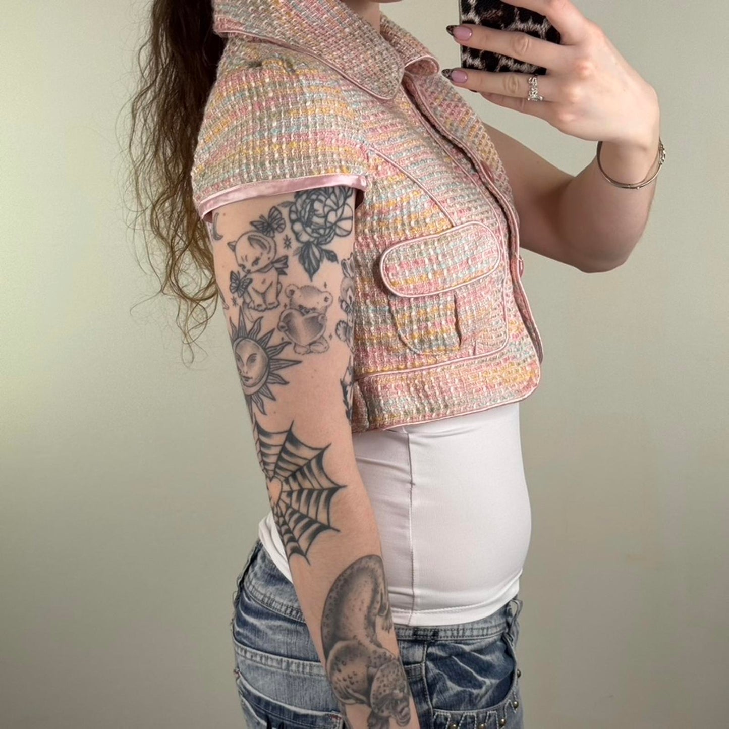 Y2K vintage tweed cropped jacket pastel button up baby pink tailored fitted