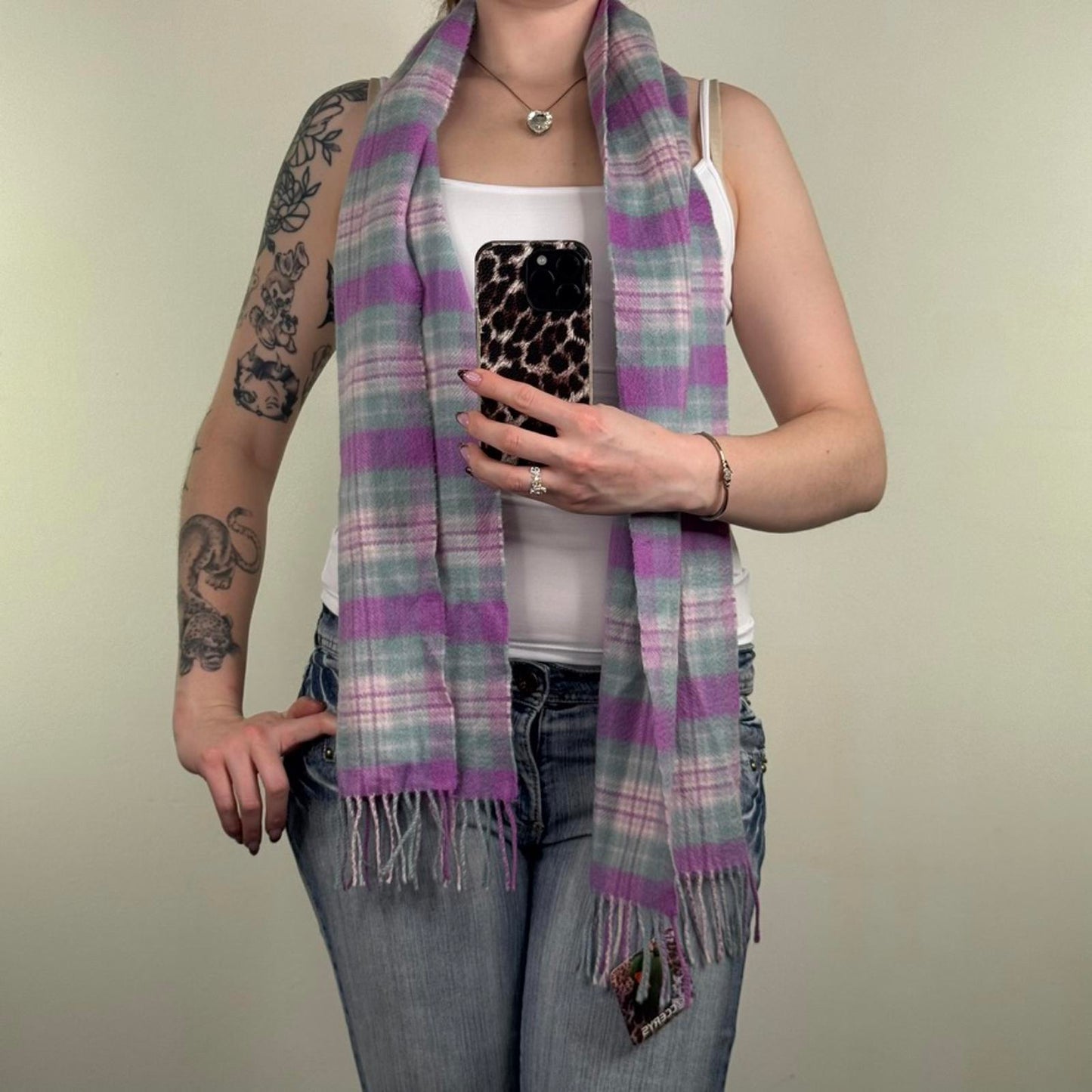 Y2K vintage pure cashmere scarf plaid tartan pastel purple blue fringe