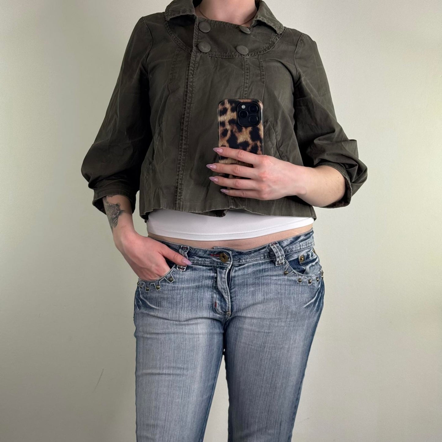 Y2K vintage military pea coat denim jacket ballon 3/4 sleeve pleated cropped