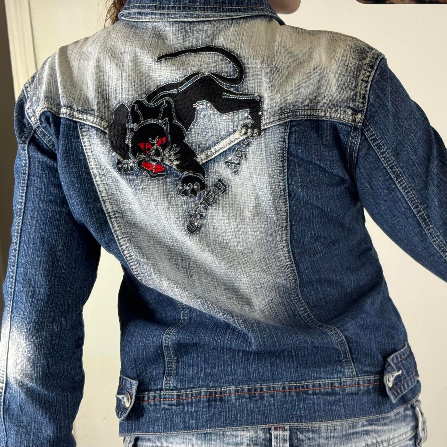 Y2K vintage Crazy Age denim jacket button up panther embroidery stretchy