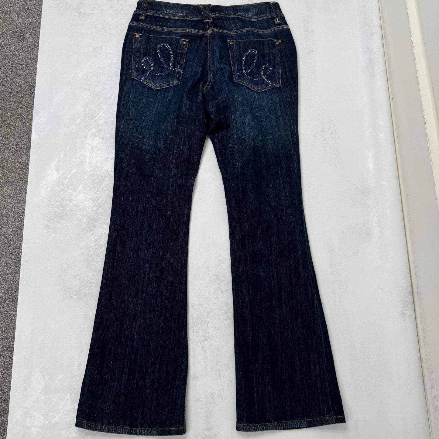 Y2K vintage low rise bootcut jeans dark blue wash studded denim stretchy
