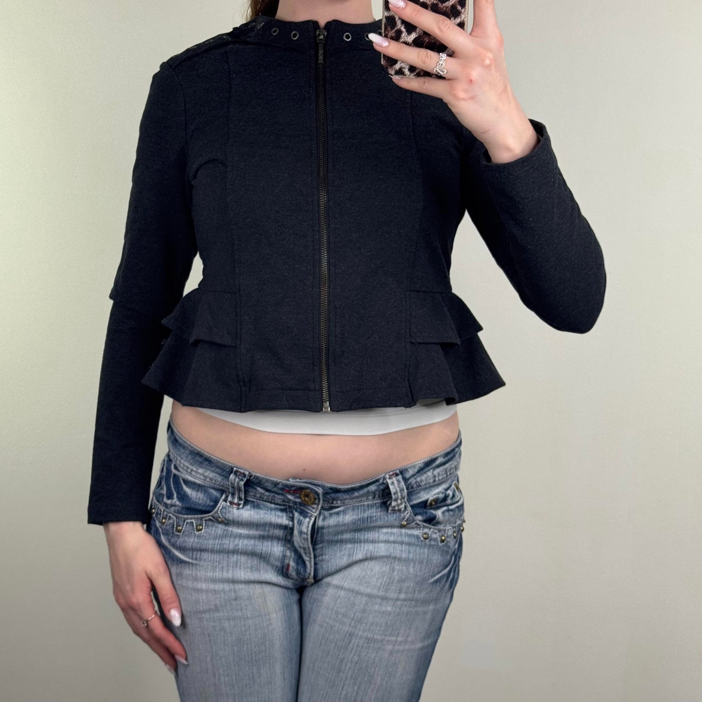 Y2K vintage zip up jumper grommet ruffle frill marl dark grey archive cropped